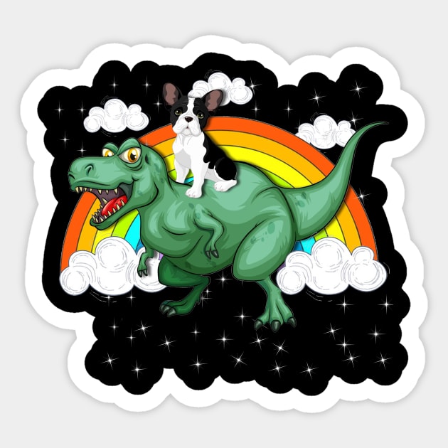 T Rex Dinosaur Riding French Bulldogs Sticker by LaurieAndrew
